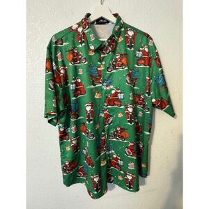 JOGAL Mens Santa‎ Motorcycle Print Short Sleeve Button Up Shirt - XL Festive